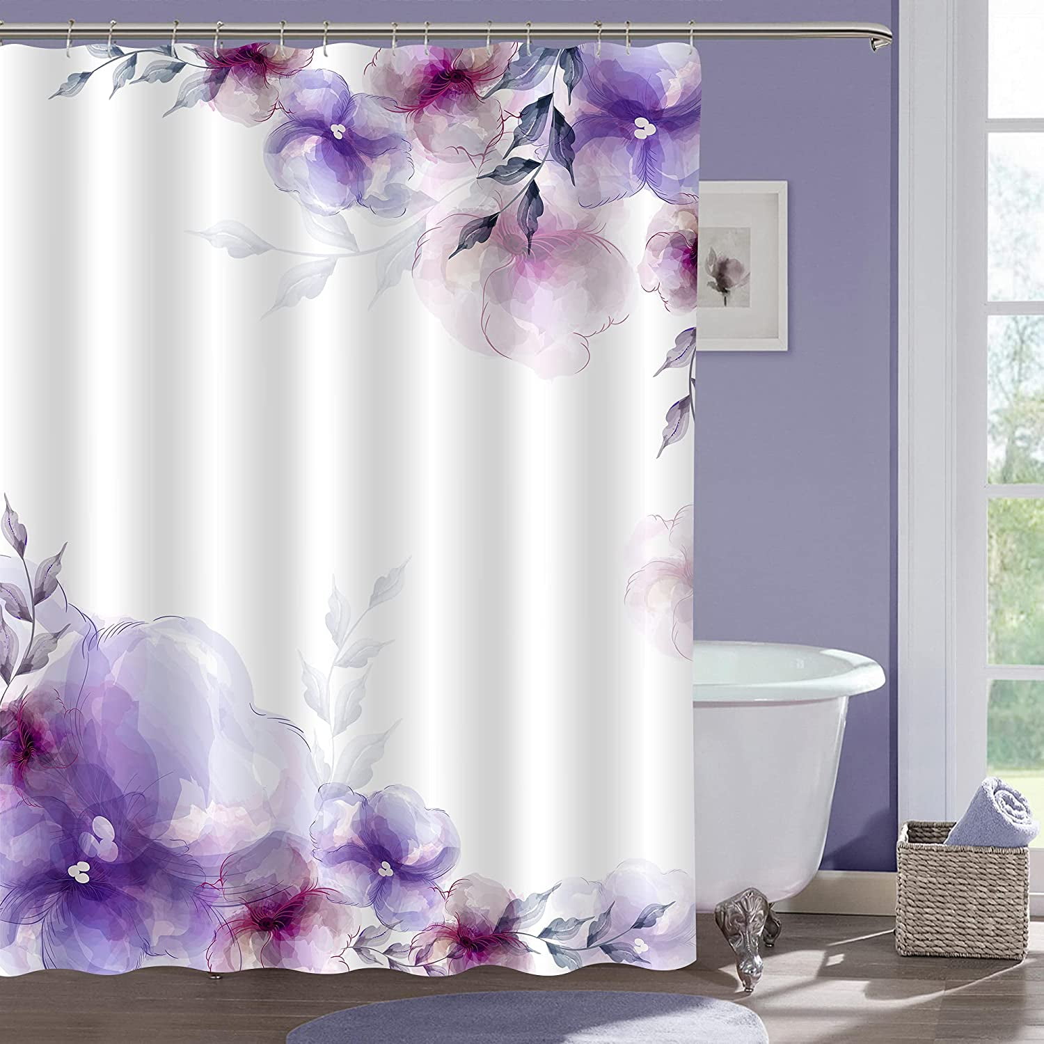 Becan Flower Shower Curtain Blossoms Purple Flower Plants Abstract Shadow Backdrop with Floral Flowers Polyester Fabric Waterproof Layer Thickening Shower Curtain 72X72Inches Purple White