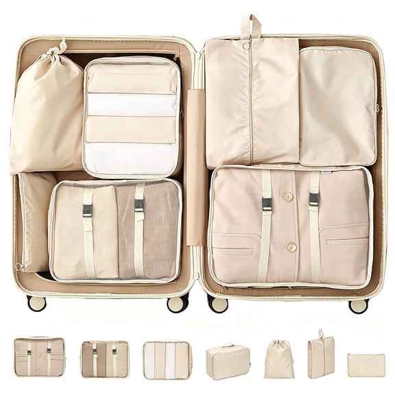 7-Piece Khaki Travel Organizer Luggage Packing Cubes Set, Polyester Storage Bags for Clothes Shoes Cosmetics, Foldable Suitcase Essentials