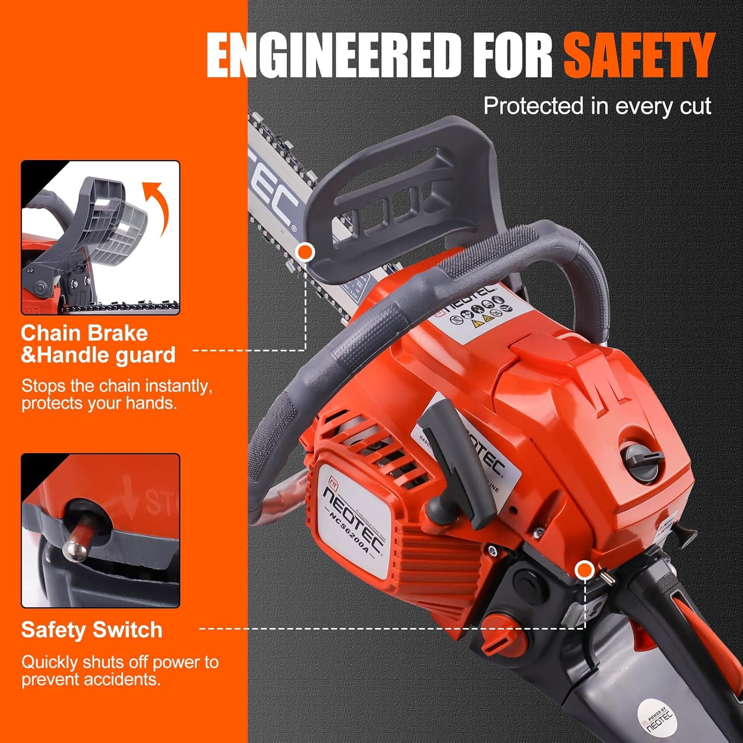 NEOTEC 62CC Gas Chainsaw, 18 Inch and 22 Inch Bar Included, 2-Cycle Handheld Gas Powered Chainsaw, Low Vibration Easy Start Petrol Chain Saw for Tree Cutting