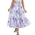 thumbnail image 4 of Floral Midi Skirt for Women Summer Comfy Tiered Elastic High Waisted Skirts Vacation A-Line Flowy Swing Long Skirts Purple M, 4 of 6