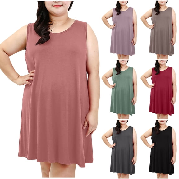TAGOLD Womens Camis Sleeveless Dress Solid Color Crew Neck Plus Size Loose Summer Midi Dress