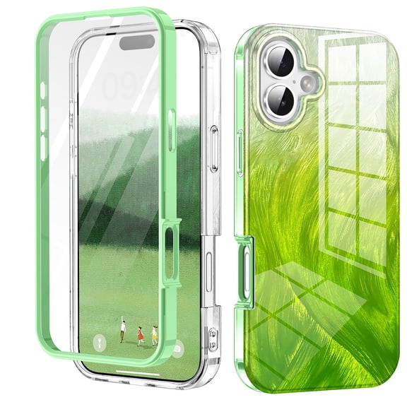 iPhone 16 Plus Case with Screen Protector, Gradient Color Feather Pattern Full Body Shockproof Protective Anti-Scratch Drop Proof Slim Fit Phone Case for Apple iPhone 16 Plus, Green
