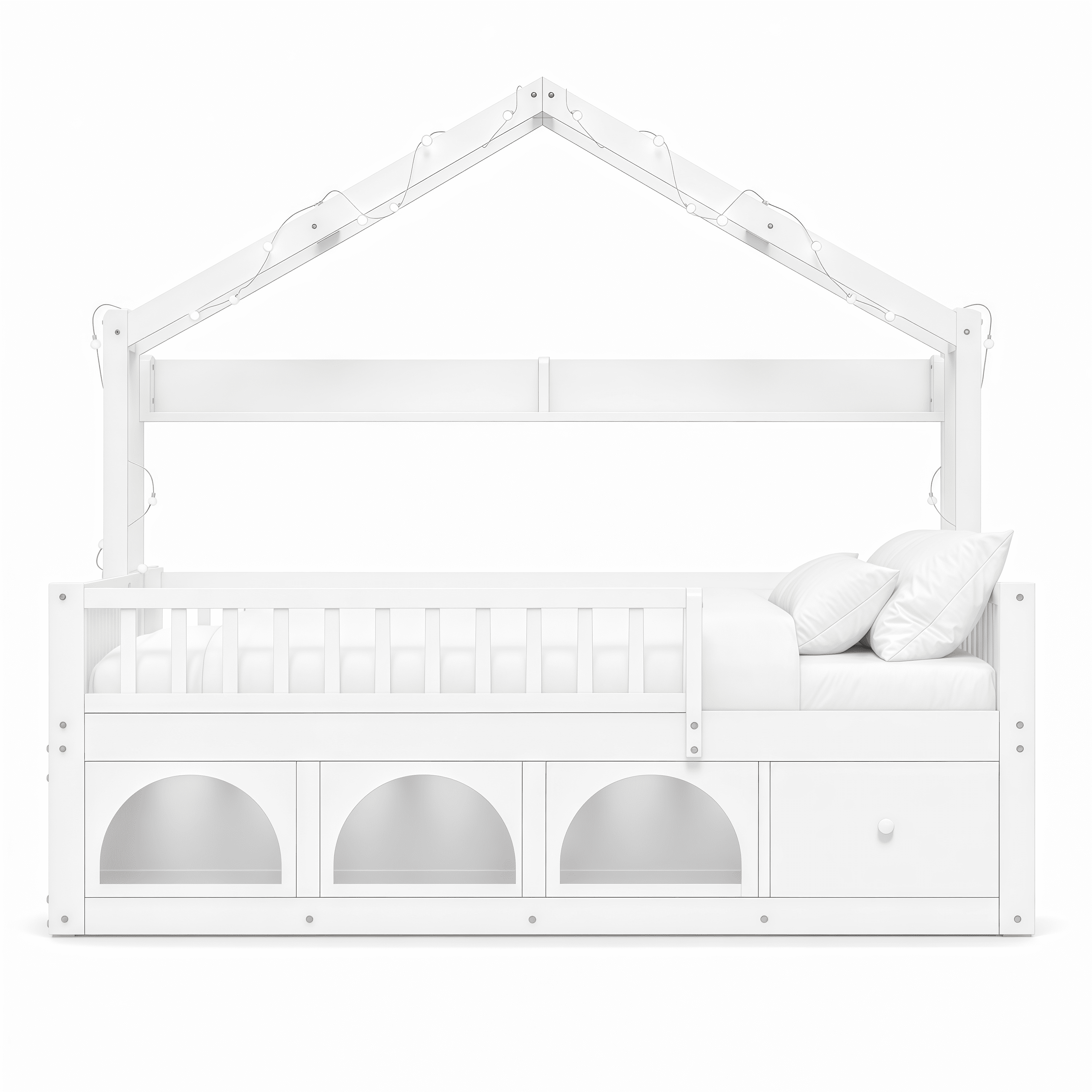 Mintazer Full Montessori Floor Bed with LED Lights & Bookshelf, Kids House Floor Bed with 3 Arched Cubbies & Drawer and Guardrail for Boys Girls Bedroom Playroom, White