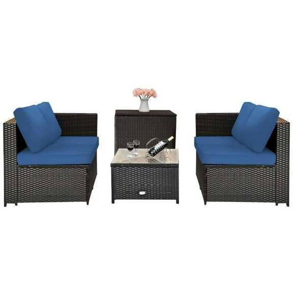 Canddidliike Patio Furniture Sets, 4 Pieces Outdoor Patio Rattan Furniture Set with Cushioned Loveseat and Storage Box-Navy, Wicker Sofa Small Patio Conversation Couch for Garden, Poolside