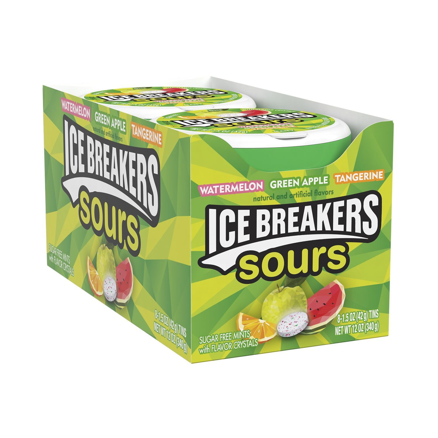 ICE BREAKERS, Sours Green Apple, Tangerine and Watermelon Flavored Sugar Free Breath Mints, 1.5 oz, Tins (8 Count)
