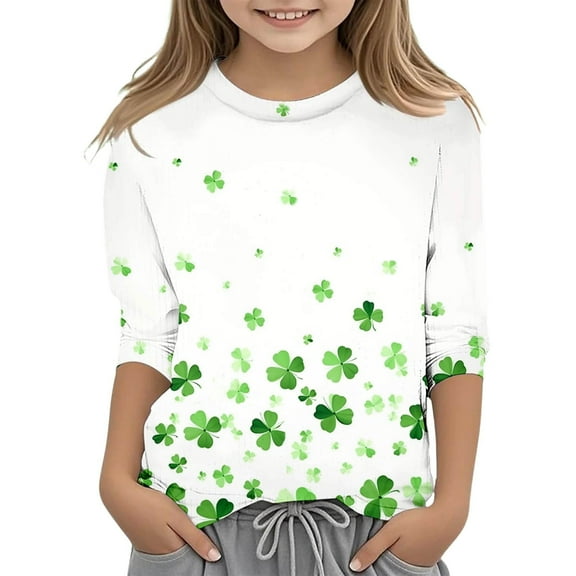 for Girls 5 Toddler Girl Clothes Girls's Graphic St Patricks Day Fashionable Versatile Round Neck 3/4 Quarter Sleeve Casual T Shirt Top