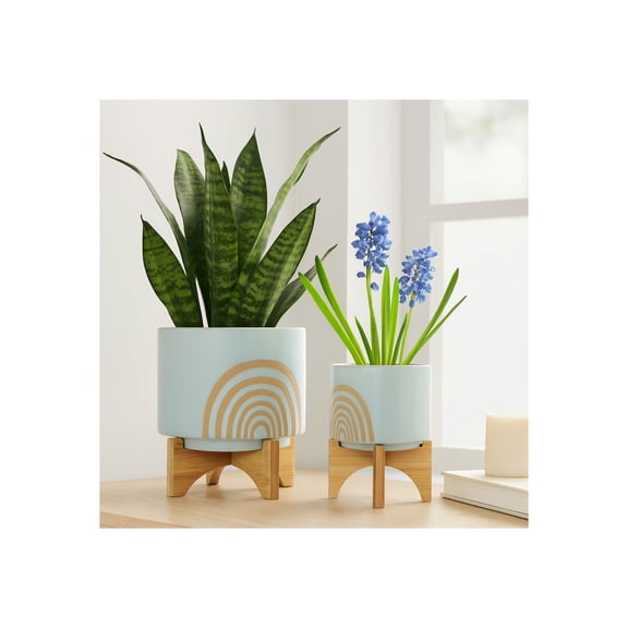 Arch Ceramic Planters with Wooden Stand for Home Decor  Flower Pots for Living Room, Entryway, Patio, and Garden - Raised Plant Pots fo Indoor and Outdoor Plants - Set of 2, 11", 7", Green & Tan