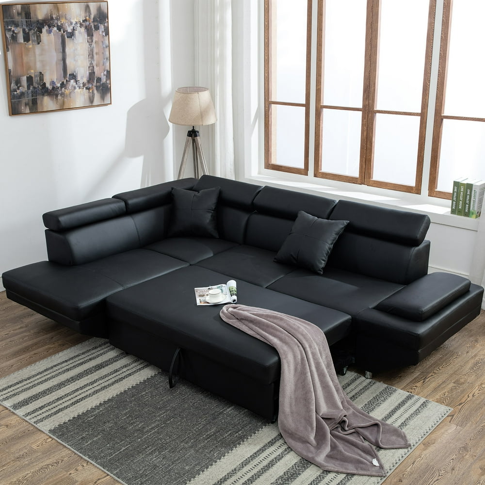 Contemporary Sectional Modern Sofa Bed Black With Functional Armrest / Back L