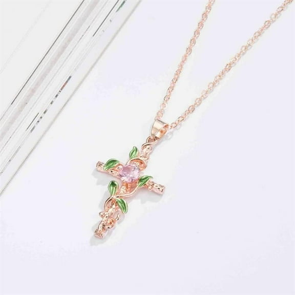 1Pcs Brass Violet Rhinestone Flower with Cross Pendant Necklaces Rose Gold Chain Necklace Flower Pendants Decoration