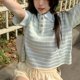 thumbnail image 4 of Top de manga corta de punto para mujer, camiseta informal de verano con botones y cuello vuelto a rayas, 4 of 8