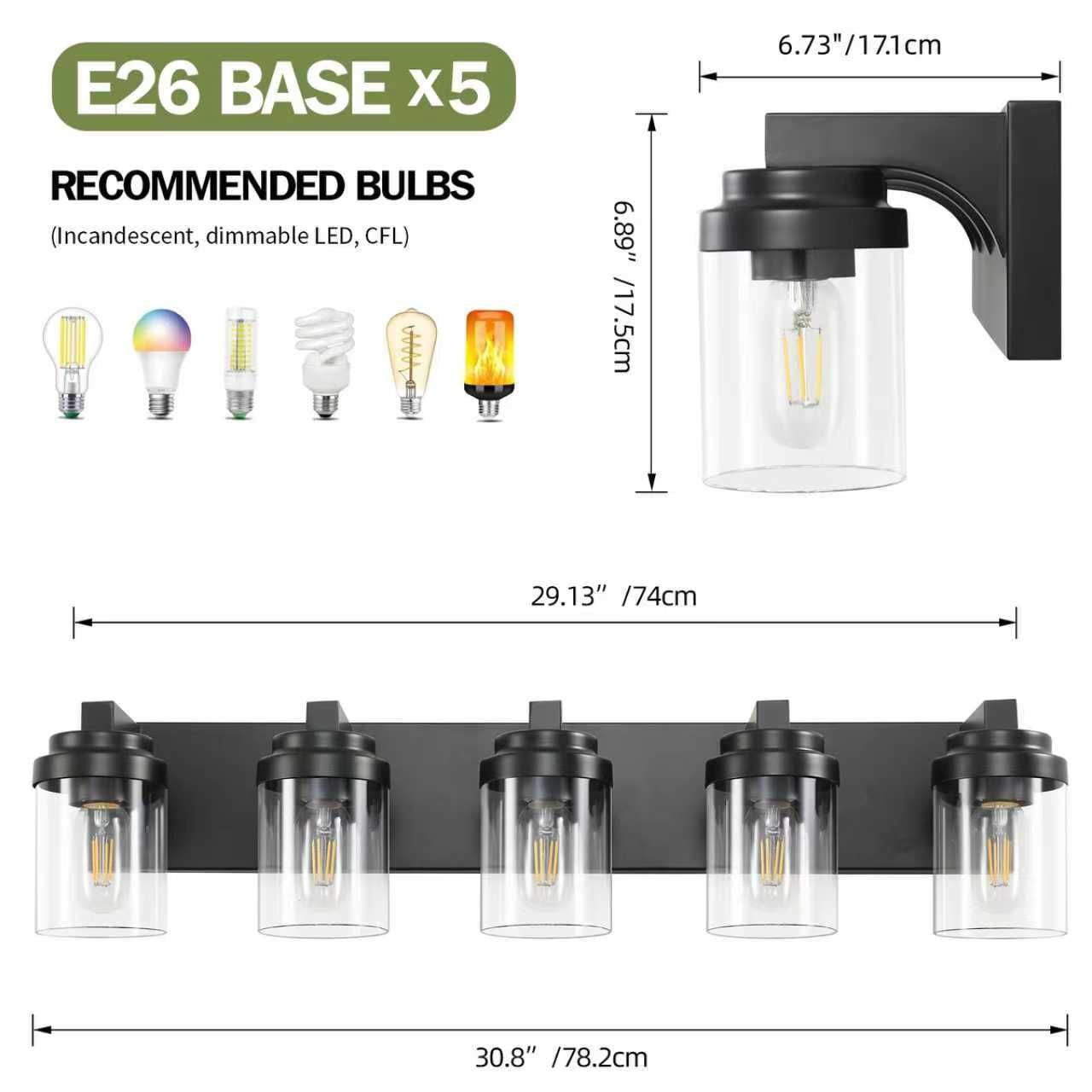 31 Inch 5-Light Bathroom Vanity Light, Black Wall Sconce with Clear Glass Shades for Mirror, Modern Farmhouse Vanity Lighting Fixture for Bathroom Cabinet Hallway, Hardwired (Bulbs Not Included)