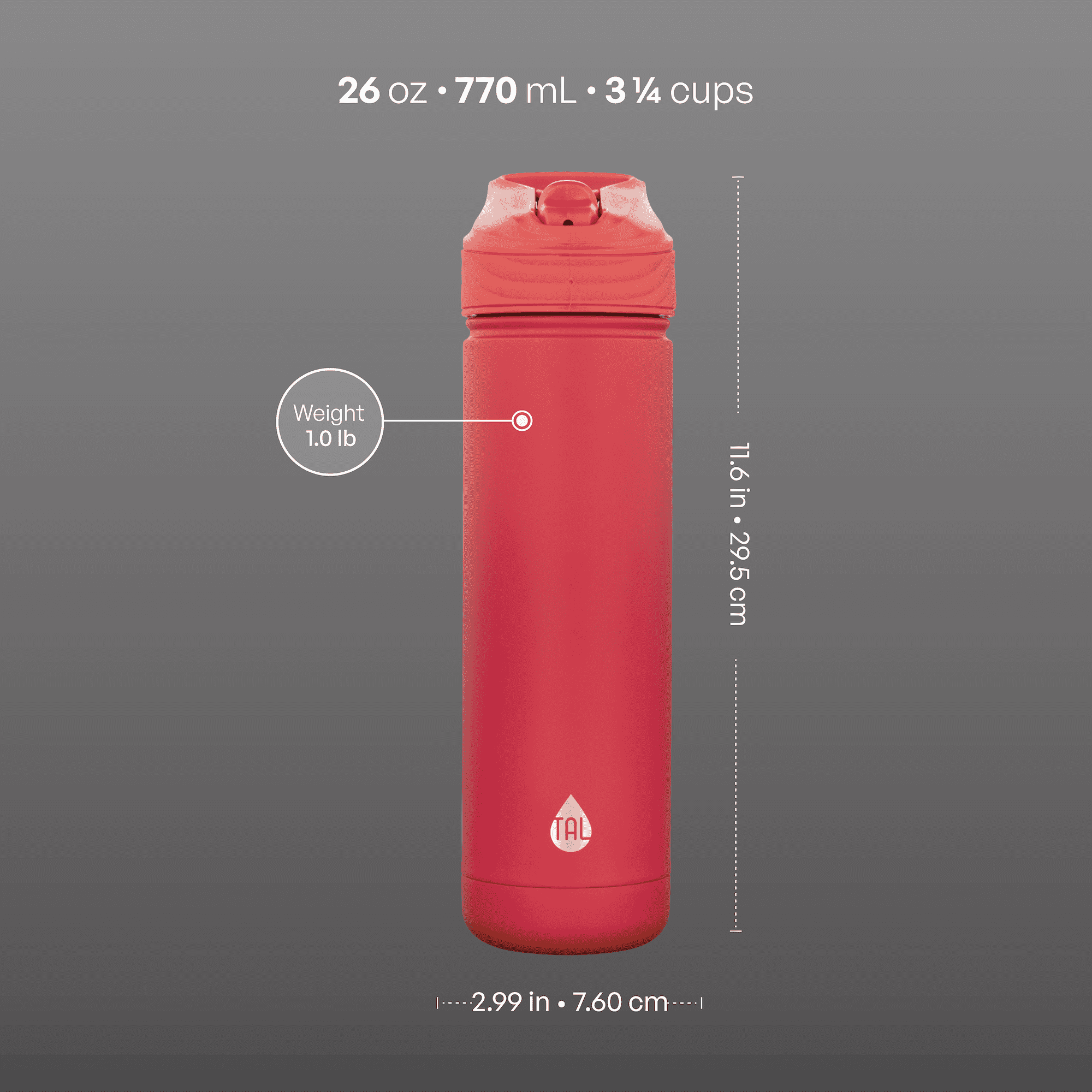 TAL Stainless Steel Ranger Water Bottle with Easy Sip Straw 26 fl oz, Red