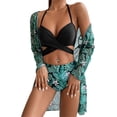 thumbnail image 2 of Seyurigaoka Women Summer 3Pcs Bikini Swimsuit Set , Halter Cross Wrap Swim Tops + Floral Leaf Print Panty + Cover-up Cardigan, 2 of 7