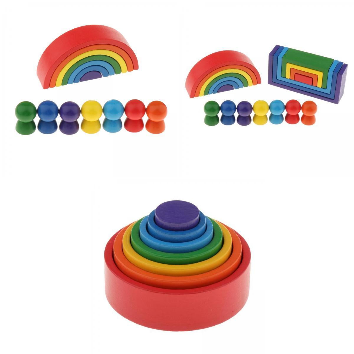 Building Blocks Montessori Educational Toy Wooden Rainbow Stacker Nesting Puzzle 
