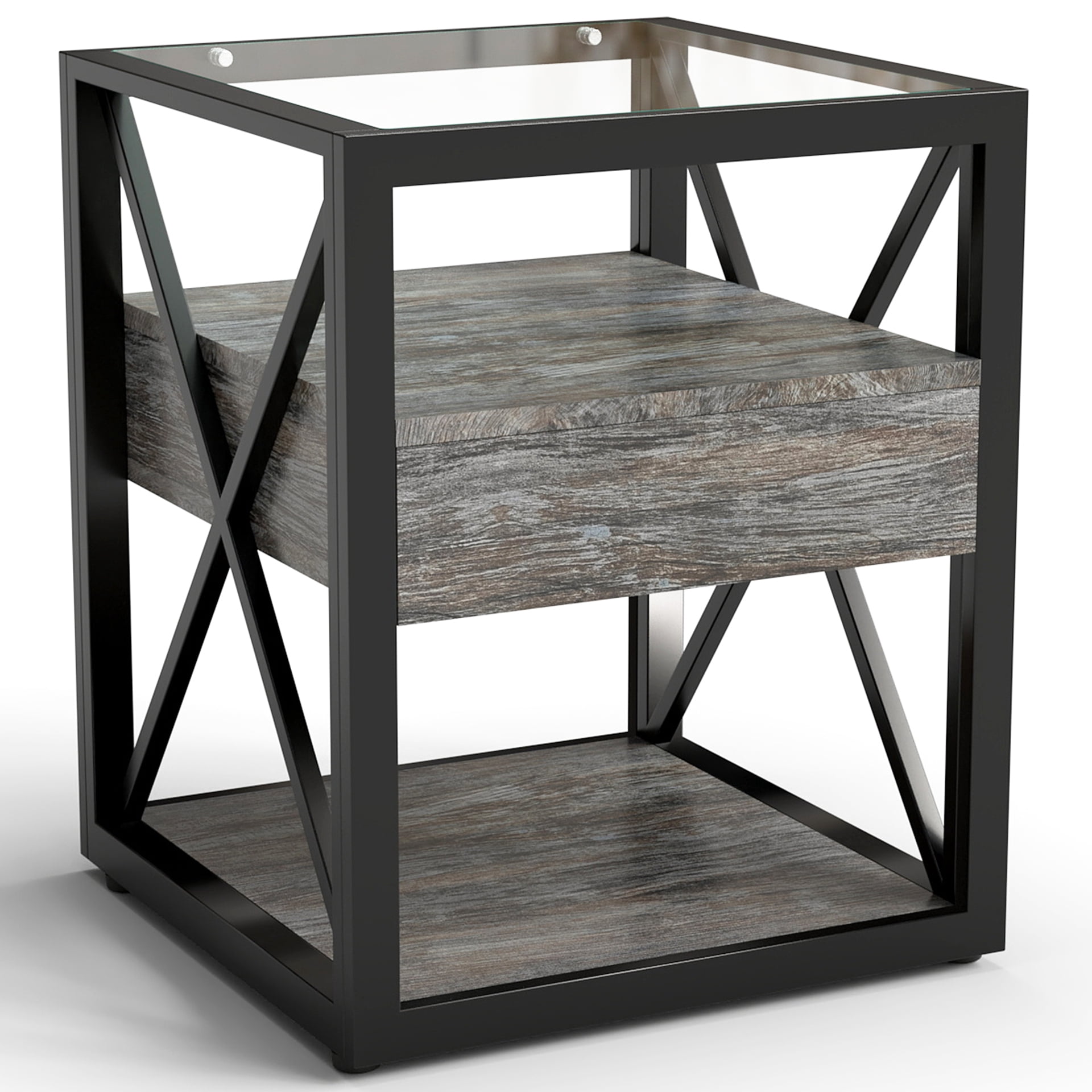 Set of 2 Modern End Table with Drawer, Nightstand for Bedroom & Living Room, Rustic Wood Grain MDF & Tempered Glass Top, Industrial Style Side Table