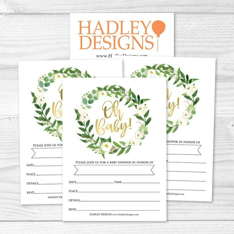 25 Greenery Gold Baby Shower Invitations, Sprinkle Invite for Boy or Girl, Coed Garden Gender Neutral Reveal Theme, Cute Boho Botanical Fill or