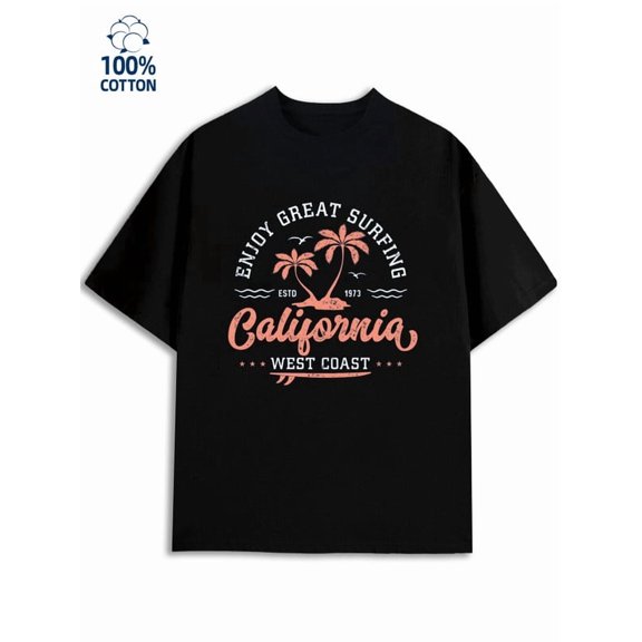 Greenink California Surf Tee men's Los Angeles 180G 100% Cotton black cut usa Basic Unisex Shirt Crewneck tshirts Original Unisex Shirt Printed tshirts Funny Unisex Shirt Graphic Tee tshirts