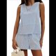 thumbnail image 1 of Conjunto de Dos Piezas de Verano para Mujer: Camiseta Sin Mangas y Pantalones Cortos A Juego, Chándal de Algodón A Rayas, Rayas Azules, Talla XL, 1 of 7