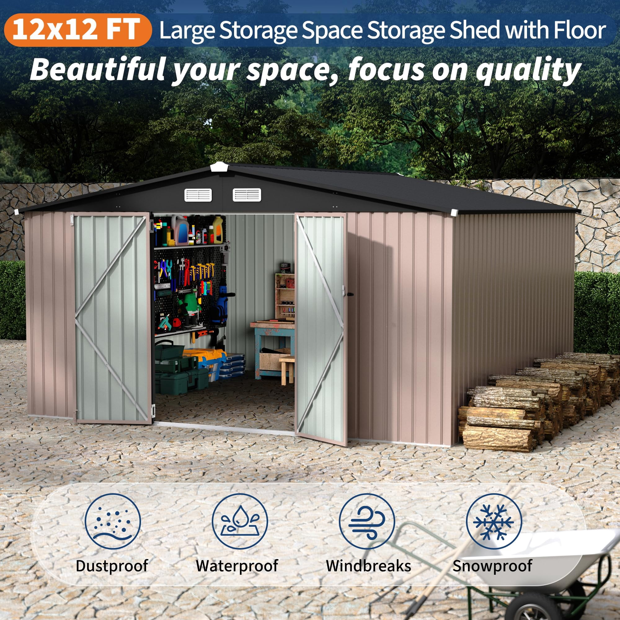 12x12 FT Metal Storage Sheds Outdoor,Metal Yard Sheds Garden Shed Kit,Metals Tool Shed With Lockable Door,Metals Utility Shed Buildings With Air Vent for Backyard Garden Patio Lawn（ship in 3 boxes）