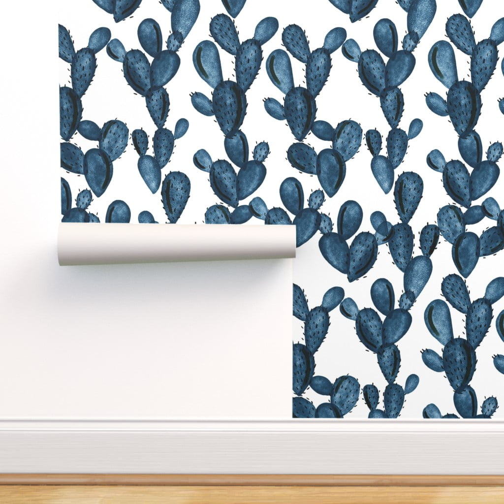 Peel & Stick Wallpaper 9ft x 2ft - Navy Paddle Cactus Cacti Watercolor