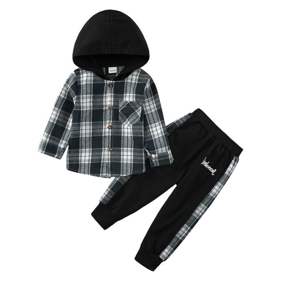 BULLPIANO Toddler Baby Boy Clothes Flannel Button Down Plaid Hoodie Sweatshirt   Sweatpants Fall Winter Outfits Set