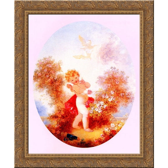Cupid Between The Roses 24x20 Gold Ornate Wood Framed Canvas Art by Jean-Honore Fragonard