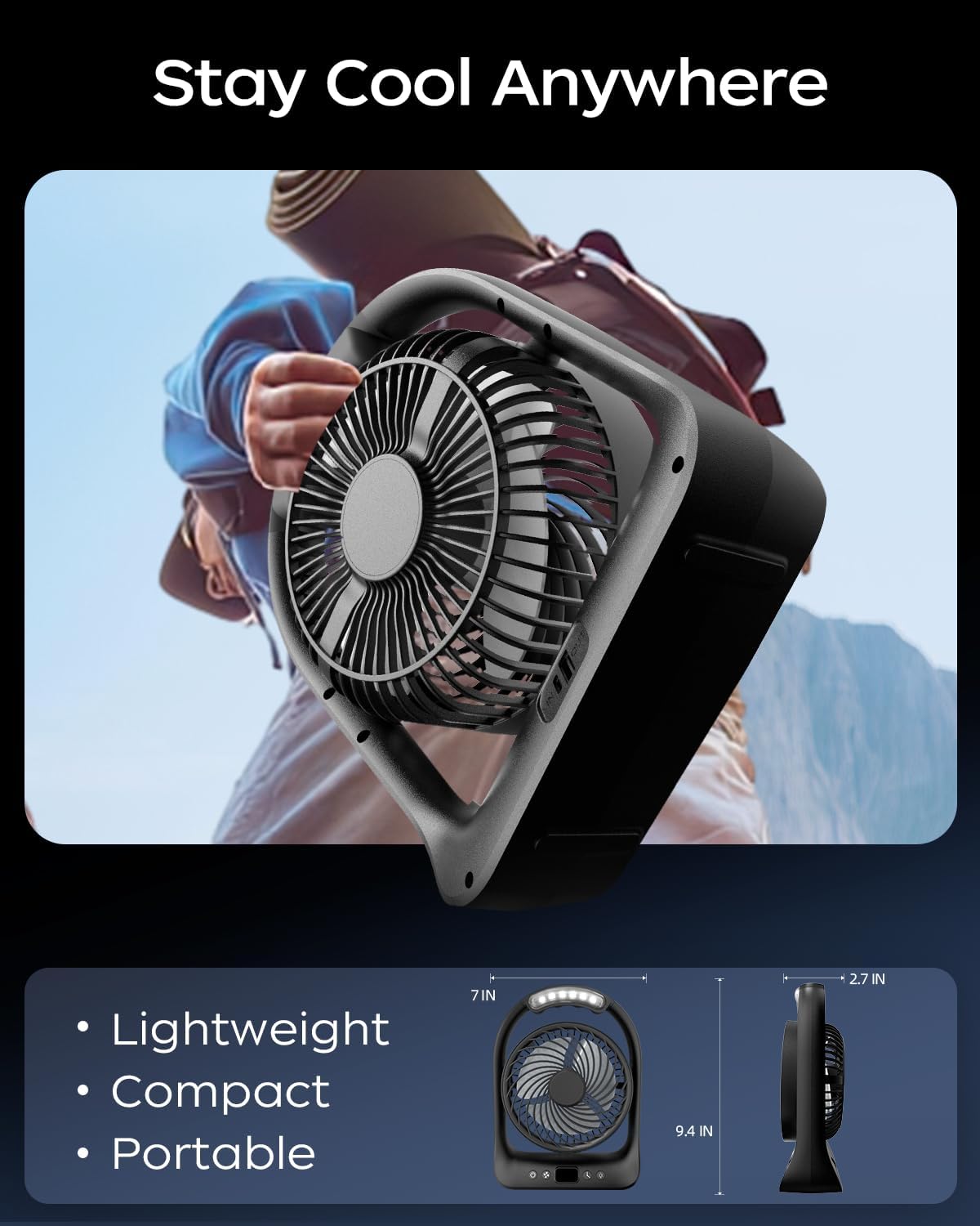 HGGQVVS 6" Rechargeable Camping Fan, Battery Operated Small Portable Fan with 3 Speeds & 6H Runtime LED, 360° Tiltable, USB Type-C Charging, Ideal for Outdoor, Travel, Camping, Home & Office, Purple
