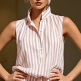 thumbnail image 3 of Morttic Women's Striped Summer Vacation 2 Piece Outfit – Stand Collar Half Button Top & Elastic Waist Shorts with Side Pockets Pink，S, 3 of 6