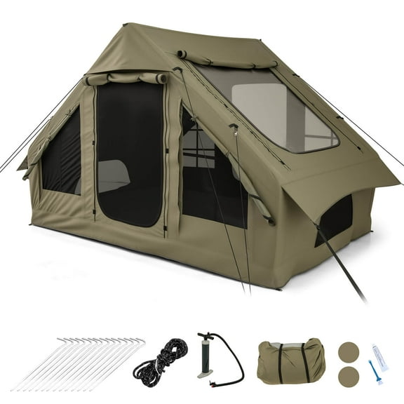 Costway 4-6 People Inflatable Tent with 4 Mesh Screen Windows 2 Doors Skylight Carrying Bag Green