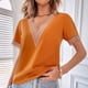 thumbnail image 2 of Camisa de mujer con cuello en V, manga corta, encaje guipur, blusa informal de poliéster para oficina en casa, 2 of 6
