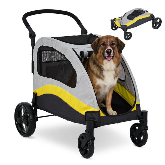 Extra Large Dog Stroller, Steel Pipe Dog Cart & Dog Push Cart with Wheels, Brakes and Shock Absorption, Foldable Dog Stroller with Adjustable & Removable Handle for Large Pets, Yellow