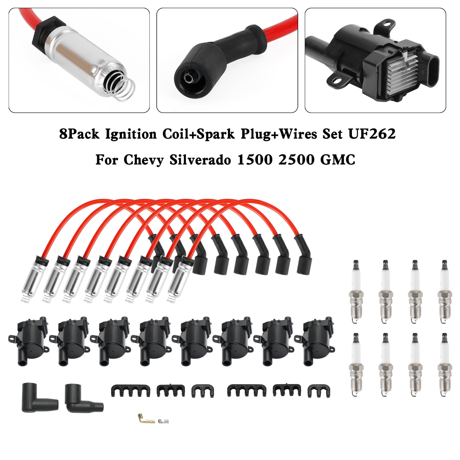 8Pcs Ignition Coil+Spark Plug+Wires Set UF262 For Chevy Silverado 1500 2500 GMC
