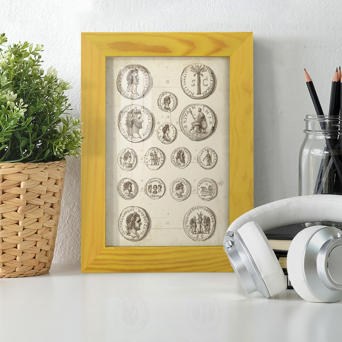 Antique Roman Coins IV -Framed Print w/glass-Sunflower Yellow