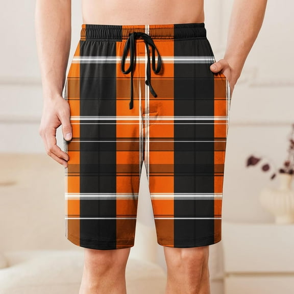 Shorts for Men Drawstring Elastic Waist Plaid Pocket Sleep Shorts Casual Lounge Bermuda Shorts Orange M