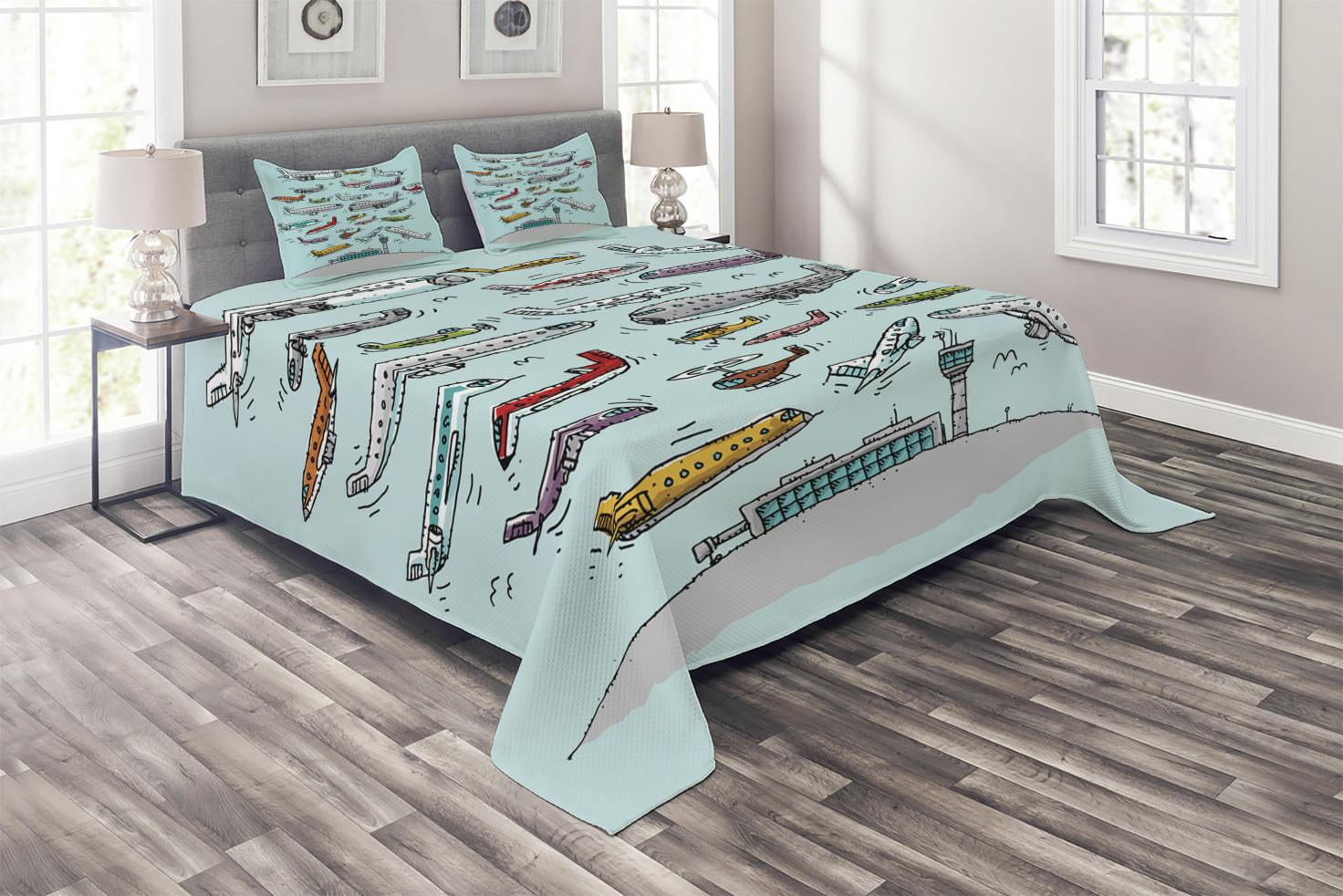 Details about   Aviation Quilted Coverlet & Pillow Shams Set Airplanes Helicopters Print 