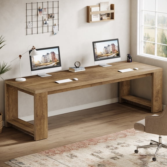 Tribesigns Farmhouse Computer Desk, 86.6 Inch Extra Long Desk for 2 Person, Rectangular Computer Desk for Home, Office, Living Room, Oak