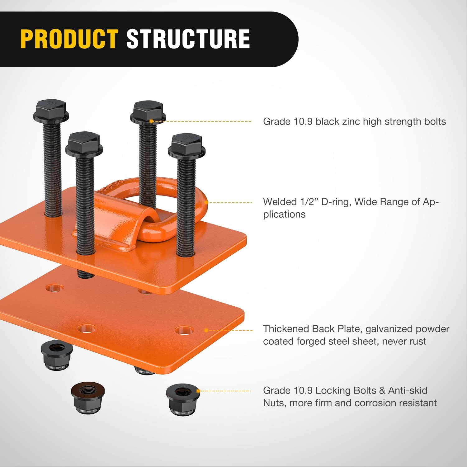 Nilight 2Pcs 1/2" D Rings for Trailers Heavy Duty Trailer Tie Down Rings, Grade 70 Forged Steel Bolt-On Grab with Back Plates for Tractor Bucket RV UTV Truck MBS 12000 lbs, Orange