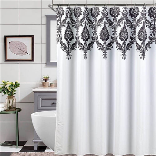Black And White Scroll Shower Curtain, Scrolling Botanical Garden Print Shower Curtain