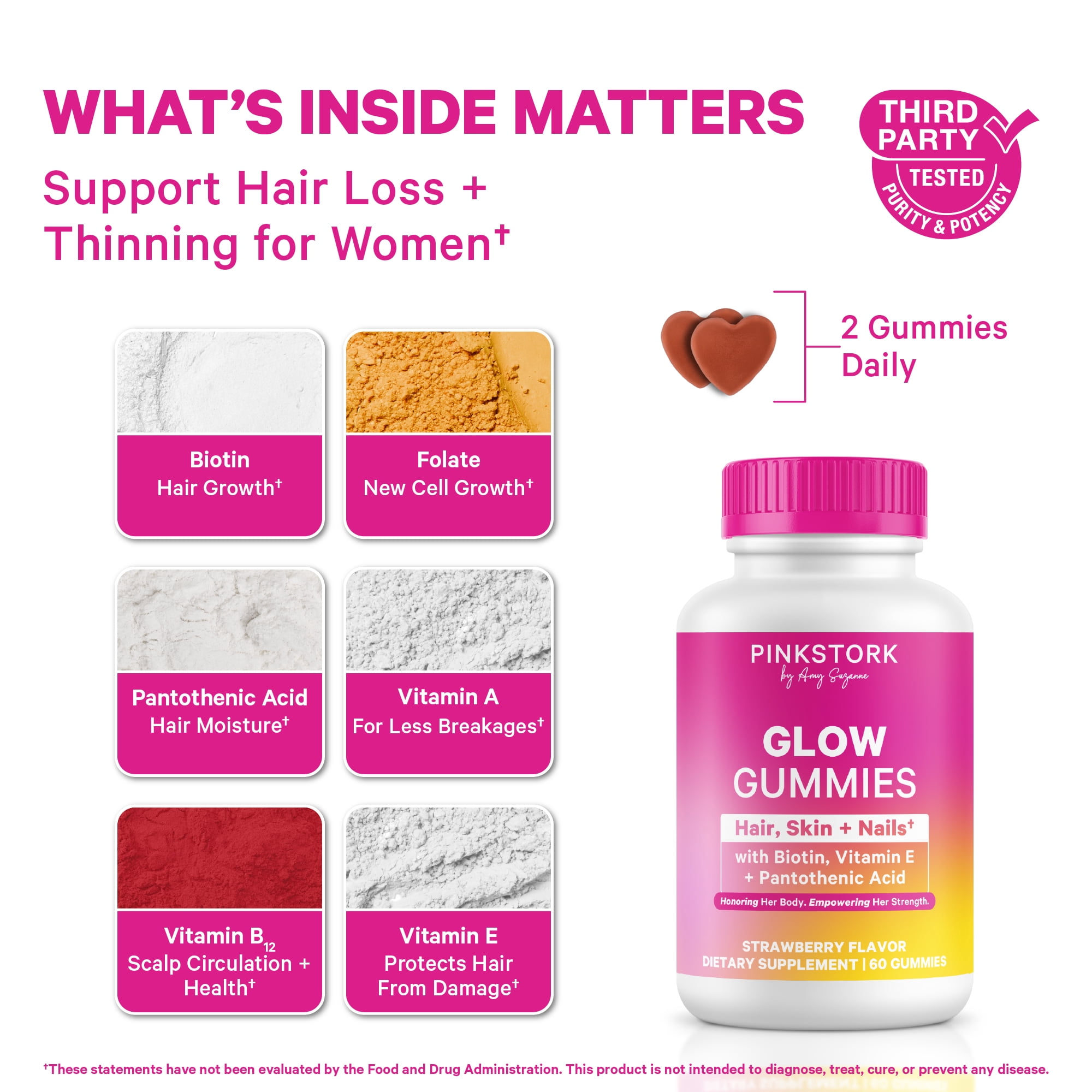 Pink Stork Total Glow Hair, Skin and Nails Gummies with Biotin + B Vitamins, 60 Berry Gummies