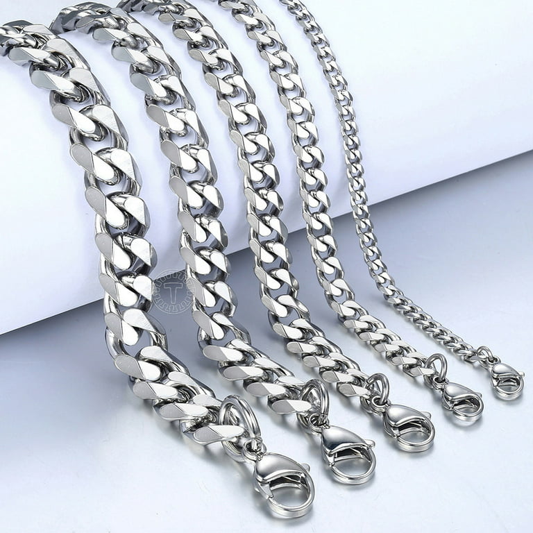 3/5/7/9/11mm Silver Stainless Steel Curb Cuban Chain Bracelet for