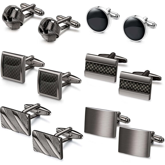 Zjh 6 Pairs Cufflinks for Men Classic Cuff Links Mens Cufflinks Tuxedo Shirt Cufflinks for Wedding Groom Business Silver Black Cufflinks Set Father's Gift