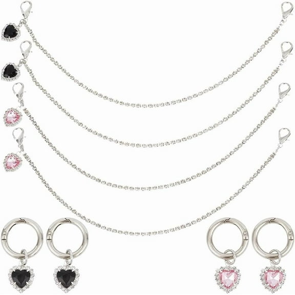 8Pcs 4 Styles Alloy Chain Boot Strap Chains with Rhinestone Heart Charm for Shoe Decorations Mixed Color 49~315mm 2pcs/style