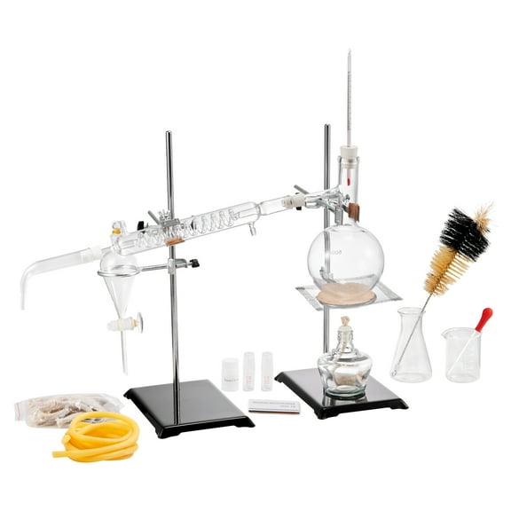 KFFKFF Essential Oil Distillation Equipment, 500ml Glassware Set, Includes 3.3 Boro Laboratory Glass, Alcohol Burner, Ceramic Mesh, 24/40 Joint, 28 Piece Kit