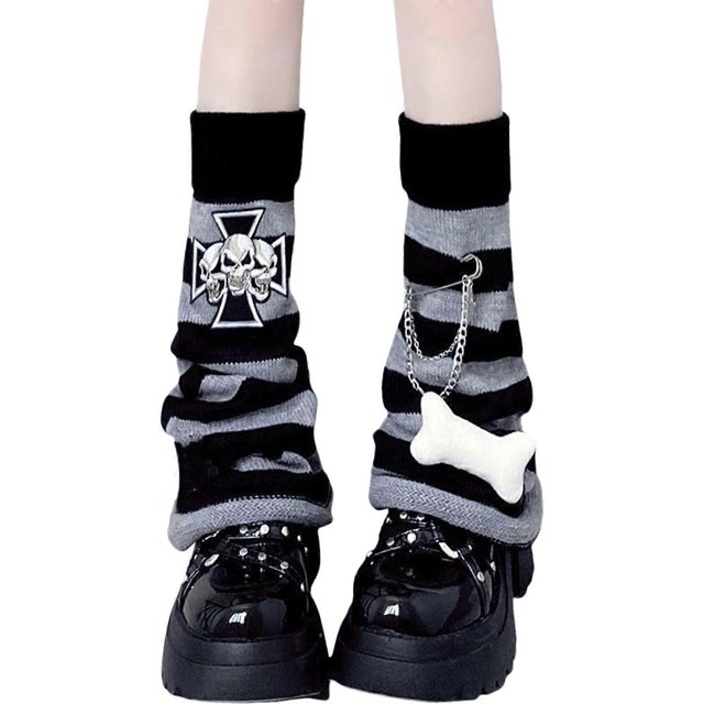 Harajuku Punk Striped Knitted Leg Warmers Japanese Women Gothic Skull Crosses Long Socks Leggings Boot Cuffs Foot Covers