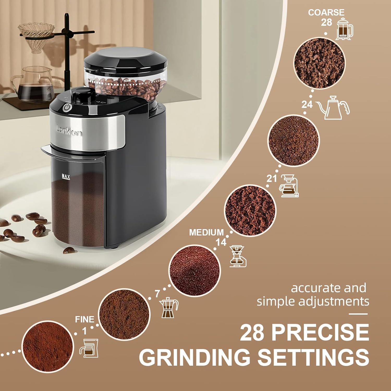 Burr - Electric Coffee Bean Grinder with 28 Adjustable Grind Settings For 2-12 Cups - Adjustable s for Home Use - Easy to Use - Stainless Steel