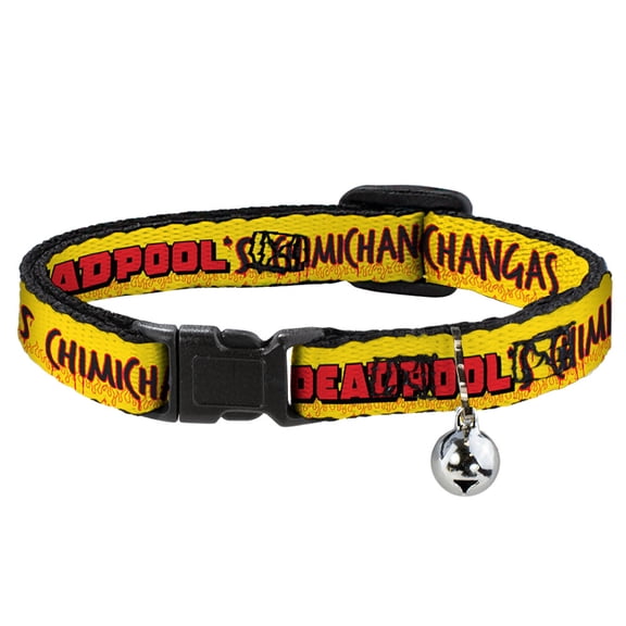 Marvel Comics Breakaway Cat Collar With Bell, Plastic Clip, Easy Adjustable, Deadpools Chimichangas Flames Yellow Black Red, 8.5 to 12 Inches 0.5 Inch Wide
