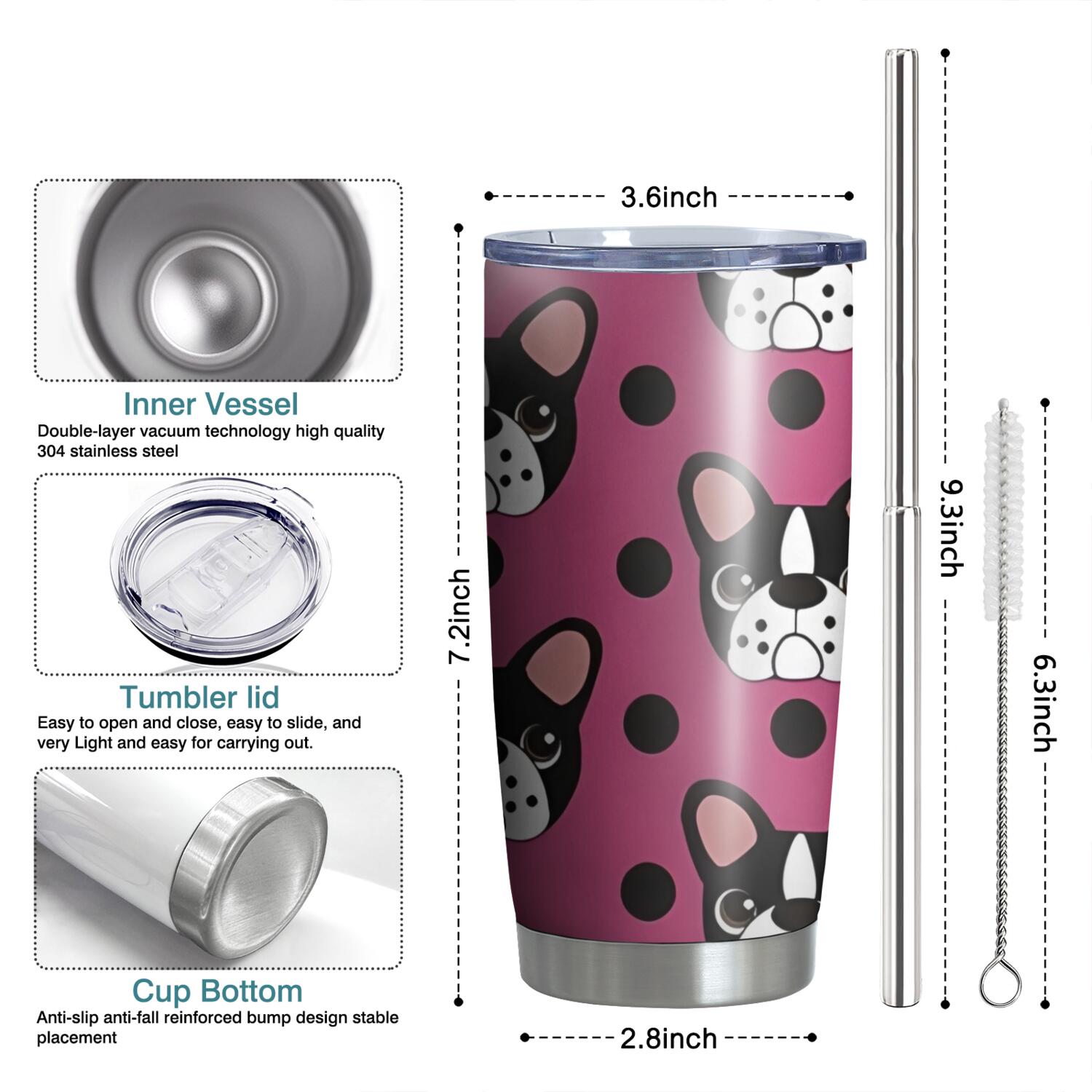 20 Oz Cute Bulldogs Coffee Tumbler Double Wall Insulated Stainless Steel Water Bottle | Metal Reusable Thermoses Flask with Cup Cap | Leak & Sweat Proof with Anti-Dust Lid