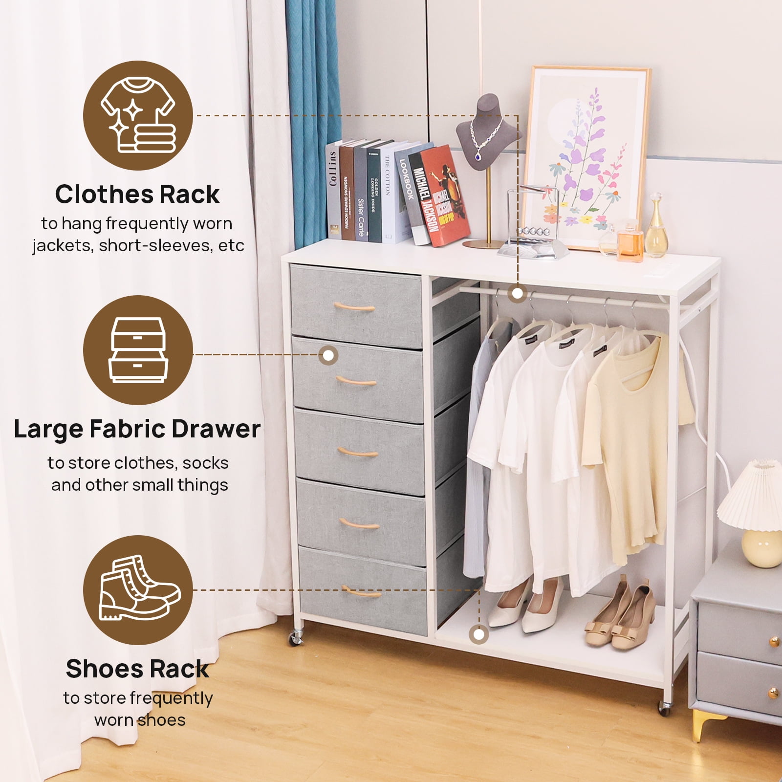 Walsport Dresser for Bedroom with Clothes Rack, 5 Drawers Dresser with Charging Station & LED Lights,Storage Chest of Drawers with Wheels, Wooden Top, Lockable Wheels, Bedroom, Closet(White)
