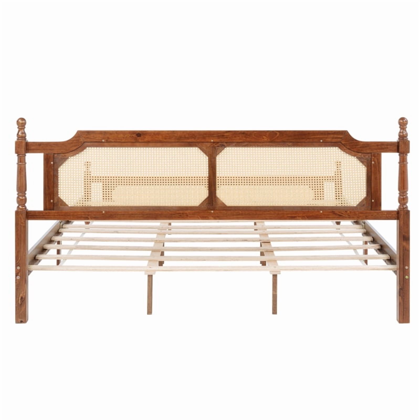 Luckynote King Size Solid Wood Bed Frame, Rustic Design with Rattan Headboard and Footboard, Walnut