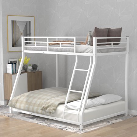 Metal Floor Bunk Bed  Twin Over Full Metal Bed Frame with Ladder and Guardrail for Children/Teens/Adults (White)